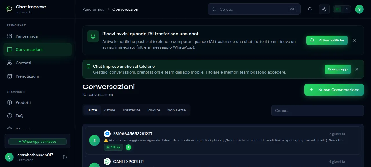 Schermata della sezione Conversazioni di ChatImprese con l'inbox unico che mostra WhatsApp, Facebook, Instagram e Telegram