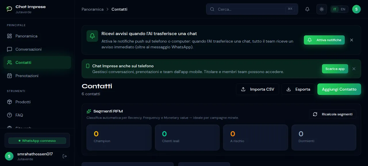 Rubrica Contatti ChatImprese - gestione clienti con segmentazione RFM e cronologia chat