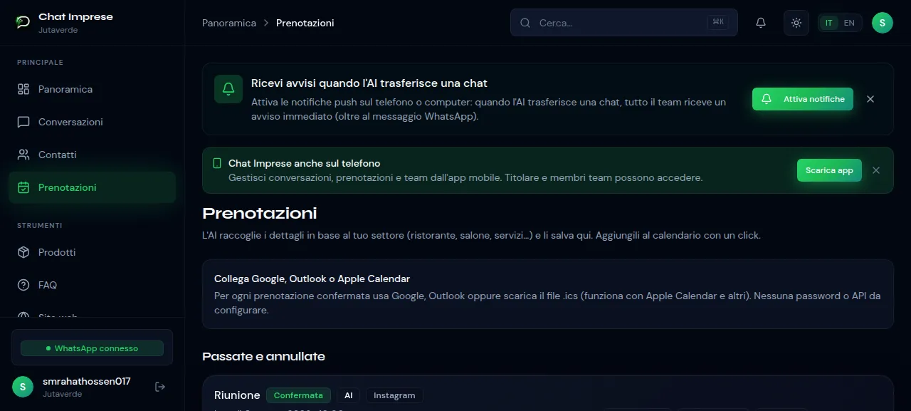 Schermata del sistema Prenotazioni di ChatImprese con calendario e appuntamenti via WhatsApp
