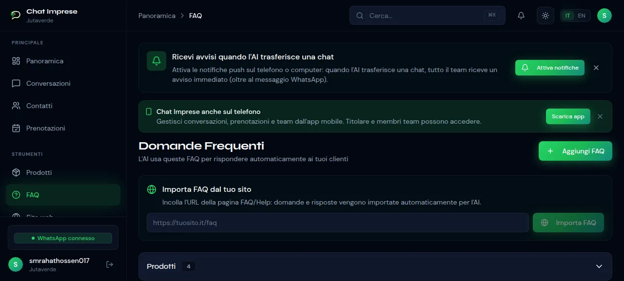 FAQ automatiche AI ChatImprese - Schermata del pannello Domande Frequenti con categorie e importazione URL
