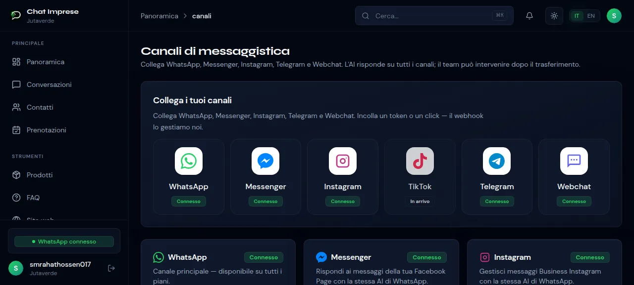 Canali ChatImprese: WhatsApp, Messenger, Instagram, Telegram, Webchat