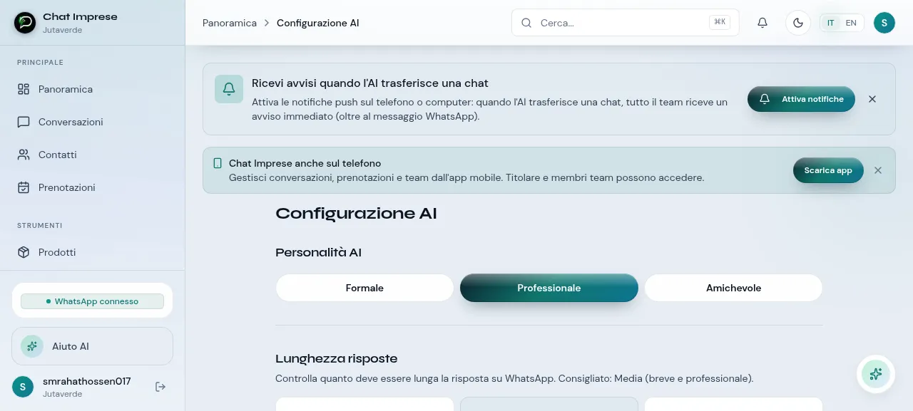 Pannello di Configurazione AI di ChatImprese: personalità, tono, lingua e regole del chatbot WhatsApp per PMI italiane