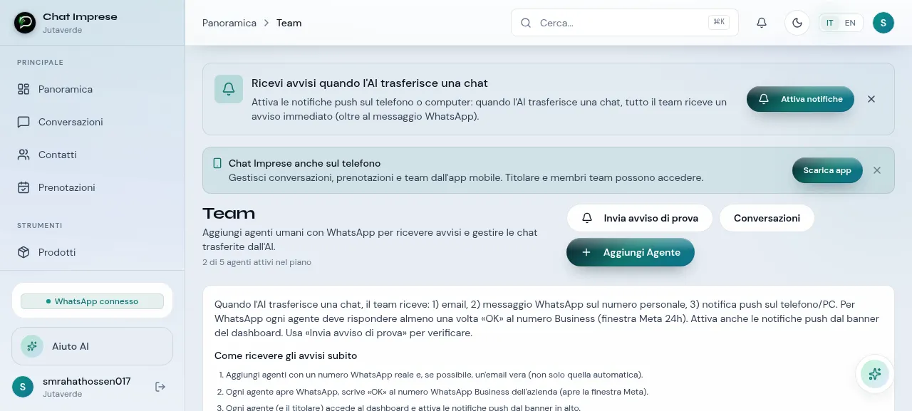 Dashboard team ChatImprese — gestione agenti WhatsApp per PMI