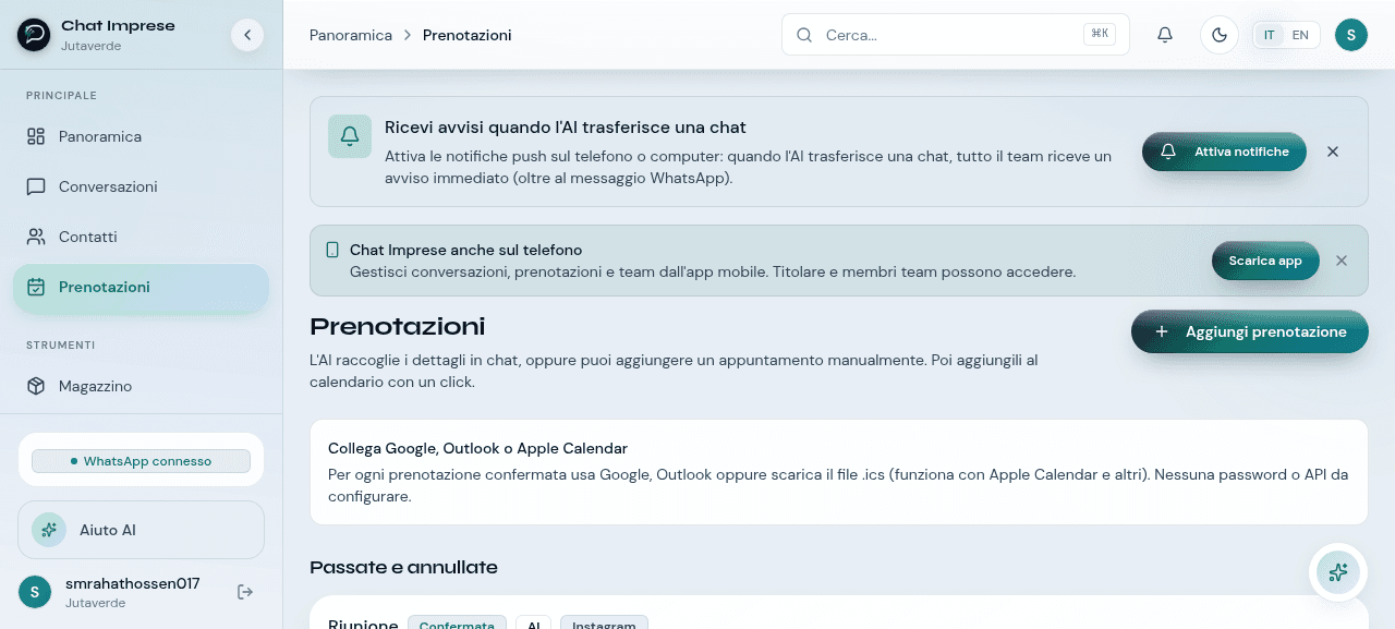 Dashboard ChatImprese con le integrazioni Stripe, Shopify e WooCommerce visibili nel pannello Impostazioni